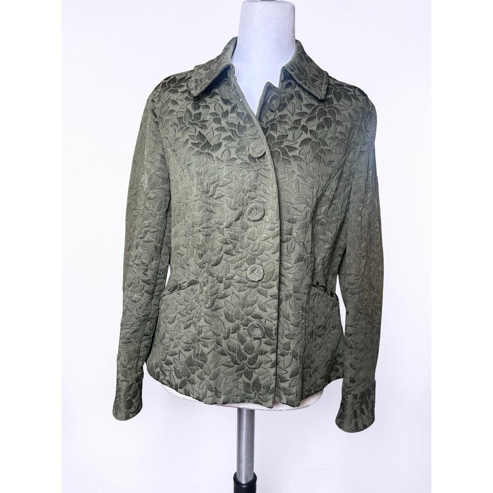 J Jill Quilted Jacket MP Olive Green Embossed Floral Petite Pockets - Picture 2 of 11
